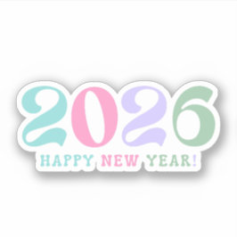 2026 happy new year, retro script pastel colorful aufkleber