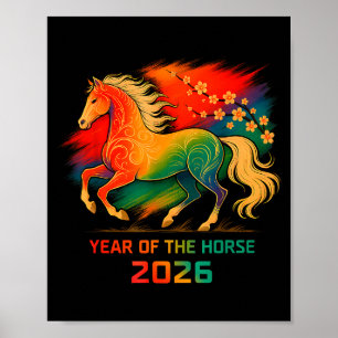 2026 Jahr des Pferdes Lebendige Zodiak-Blüten-Kuns Poster