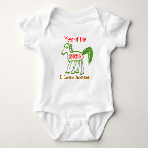 2026 Jahr des Pferdes Lustiges grünes Pferd Baby Strampler