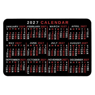 2026 Jahres-Monats-Kalender Klassisch Schwarz Rot Magnet