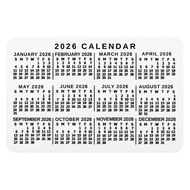 2026 Jahres-Monats-Kalender Klassisch Weiß und Sch Magnet (Horizontal)