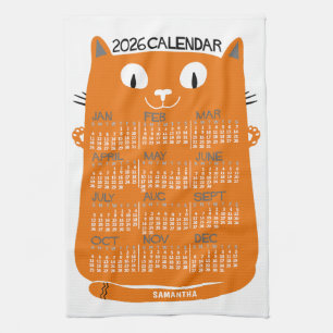 2026 Jahres-Monatskalender Mid-Century Orange Katz Geschirrtuch