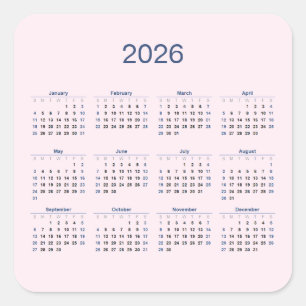 2026 Jahreskalender auf blassrosa Quadratischer Aufkleber
