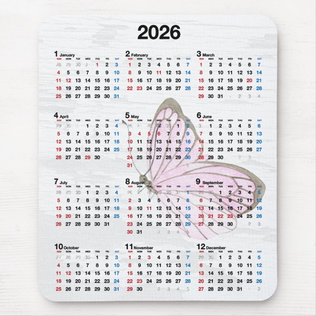 2026 Jahreskalender und rosa Schmetterling  Mousepad (Vorne)