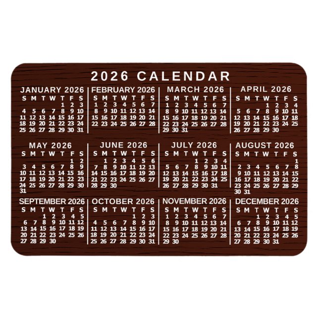 2026 Jahresmonatskalender Braunes Holzstruktur Ein Magnet (Horizontal)