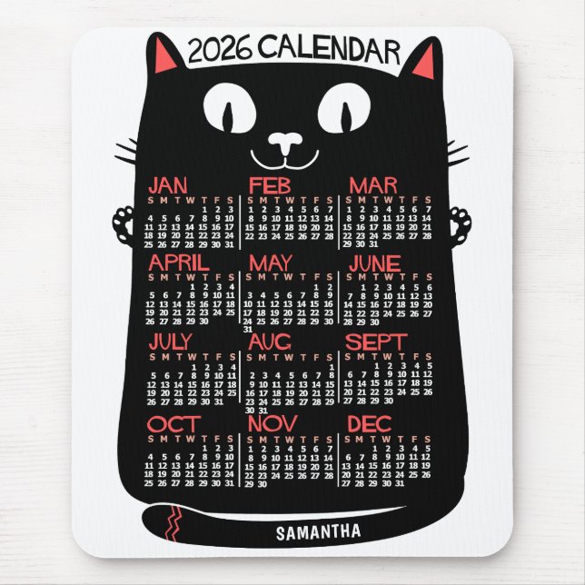 2026 Jahresmonatskalender Mid-Century Schwarze Kat Mousepad (Vorne)