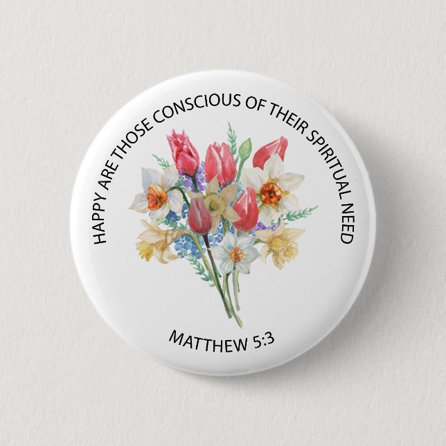 2026 JW-Jahres-Text Matthäus 5v3 Frühlingsblumen Button (Vorderseite)