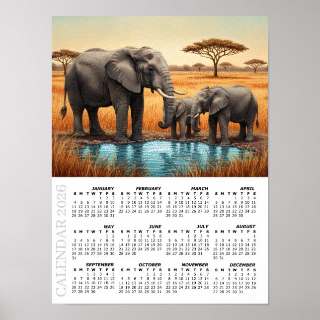 2026 Kalender, Afrikanische Elefanten, Safari, Afr Poster (Vorne)