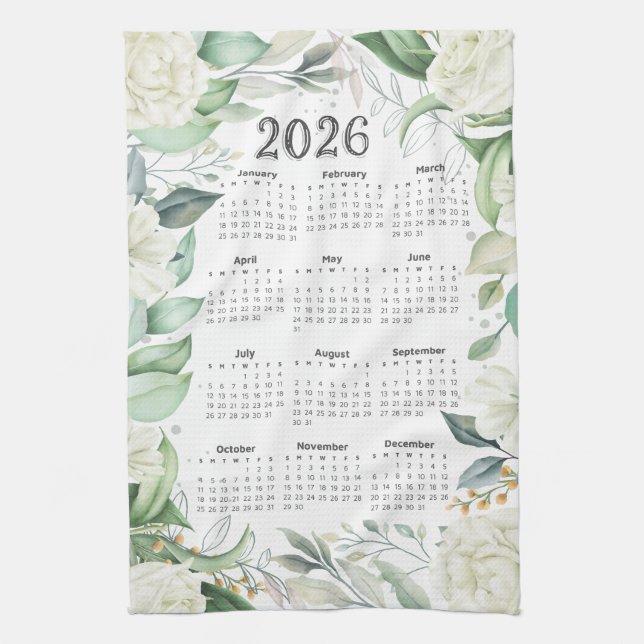 2026 Kalender Aquarell Eukalyptus Weiße Blüte Geschirrtuch (Vertikal)