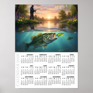 2026 Kalender, Bassangeln, Frühlingsfluss / Fisch Poster