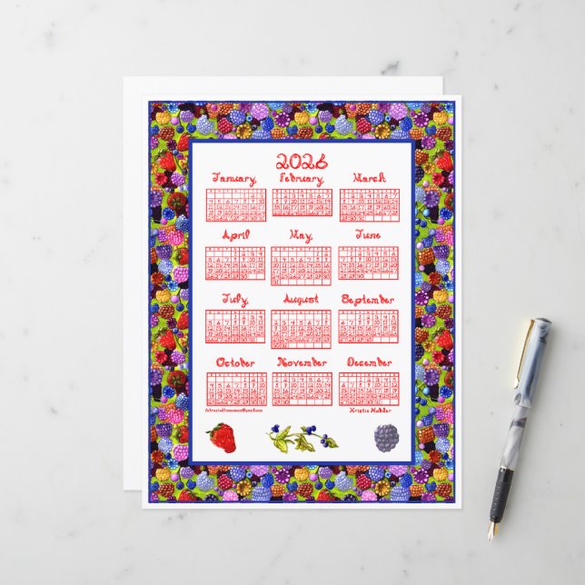 2026 Kalender Beeren Kunst Rahmen Roter Stoff Schr (Vorderseite/Rückseite Beispiel)