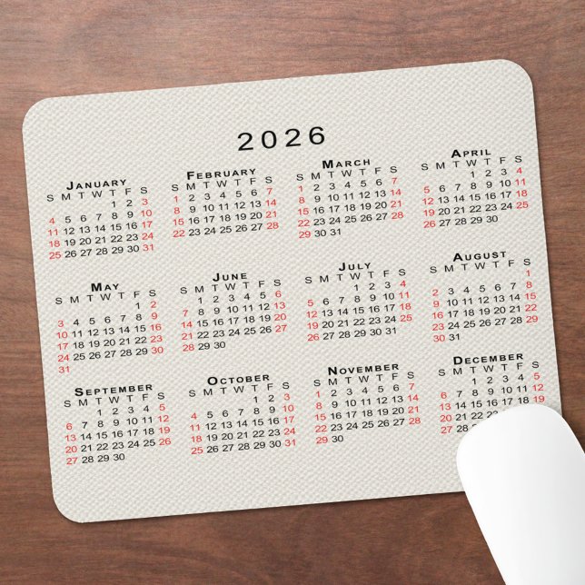 2026 Kalender Beige Faux-Canvas-Textur Mousepad (2026 Calendar Beige Faux Canvas Texture Mouse Pad, in situ)