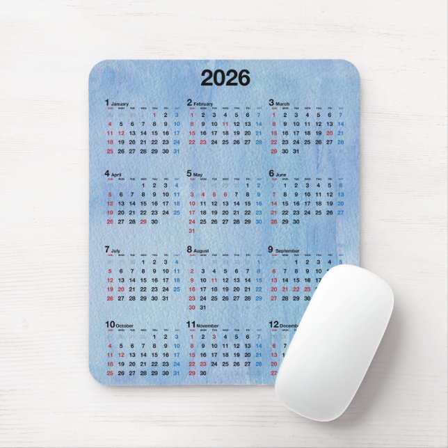 2026 Kalender Blaue Aquarell-Abstraktion Mousepad (Mit Mouse)