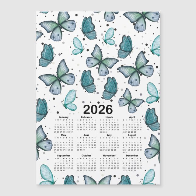 2026 Kalender Blaue grüne Schmetterlinge Muster Magnetkarte (Vorderseite)