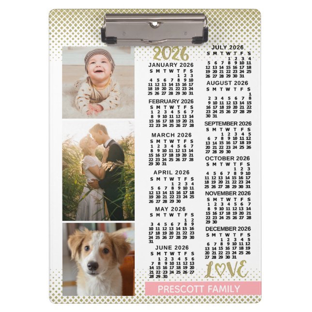 2026 Kalender Blush Pink Gold Familienfoto-Collage Klemmbrett (Vorderseite)