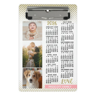 2026 Kalender Blush Pink Gold Familienfoto-Collage Mini Klemmbrett
