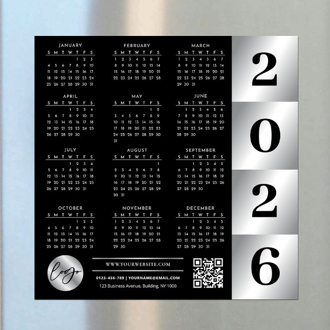 2026 Kalender Business-Logo QR-Code Schwarz & Silb Magnetkarte (Von Creator hochgeladen)