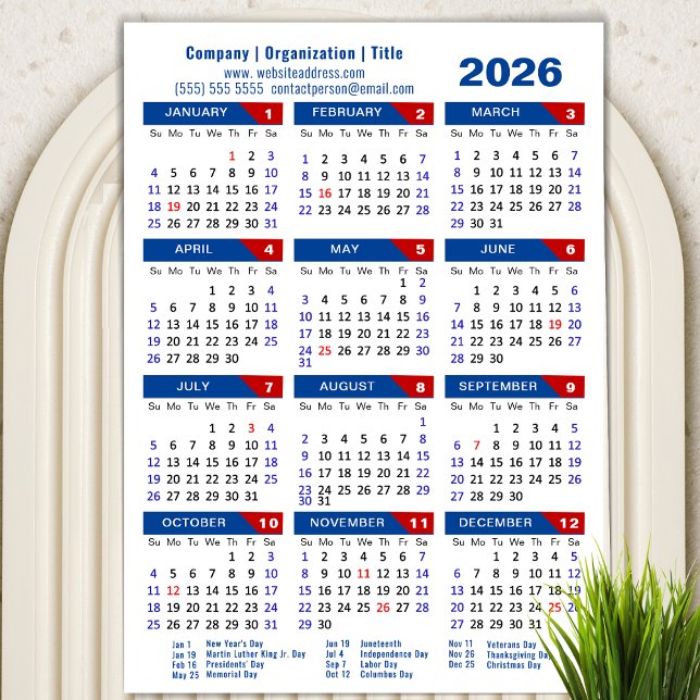 2026 Kalender Business Simple Blue Red Magnetic Magnetkarte (Von Creator hochgeladen)