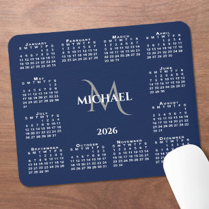 2026 Kalender Chic Monogramm Name auf Navy Blau Mousepad