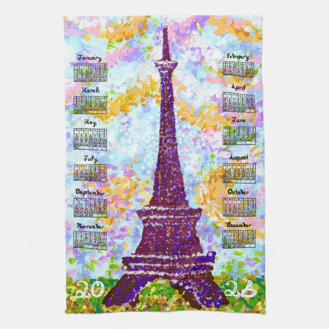 2026 Kalender Eiffelturm Pointillismus Landschaft Geschirrtuch (Vertikal)