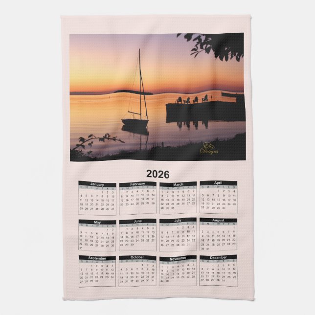 2026 Kalender eines Sonnenuntergangs am See mit Si Geschirrtuch (Vertikal)