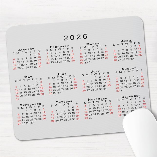 2026 Kalender Einfach Grau Schwarz Rot Mousepad (2026 Calendar Simple Gray Black Red Mouse Pad, in situ)