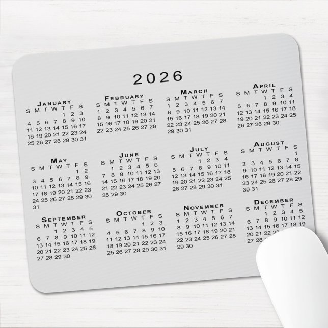 2026 Kalender Einfach grau und schwarz Mousepad (2026 Calendar Simple Gray and Black Mouse Pad, in situ)