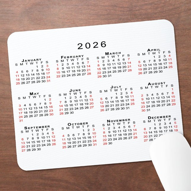 2026 Kalender Einfach Weiß Schwarz Rot Mousepad (2026 Calendar Simple White Black Red Mouse Pad, in situ)