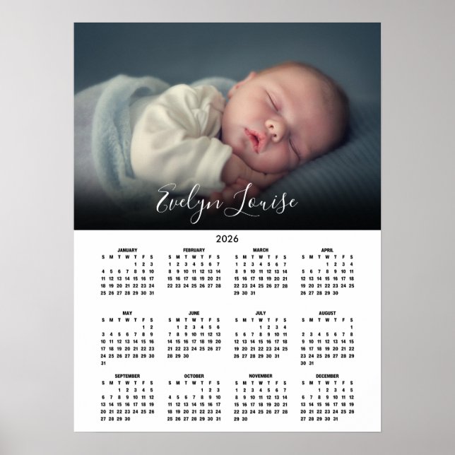 2026 Kalender Elegant Skript Name Foto Poster (Vorne)