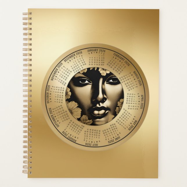 2026 Kalender Frau Gold Gesicht Planer (Vorderseite)