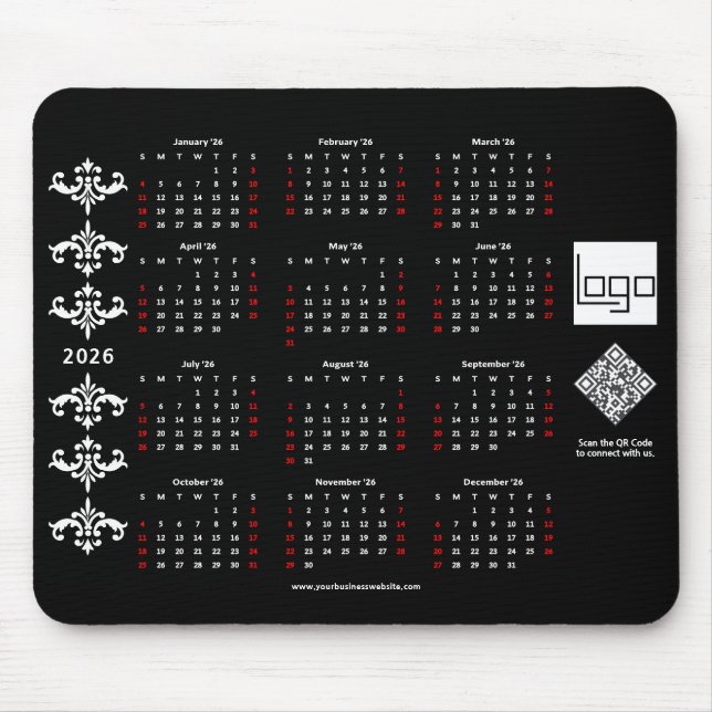 2026 Kalender Geschäft Logo QR Code Schwarz Barock Mousepad (Vorne)