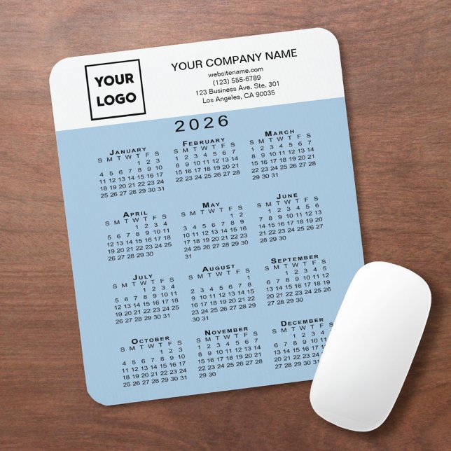 2026 Kalender Geschäft Logo Text Hellblau Mousepad (2026 Calendar Business Logo Text Light Blue Mouse Pad, in situ)