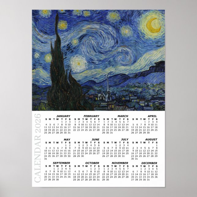 2026 Kalender, groß, Sternennacht / Van Gogh Poster (Vorne)