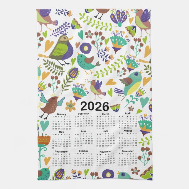 2026 Kalender Grüne und Blaue Vögel und Blume Geschirrtuch (Vertikal)