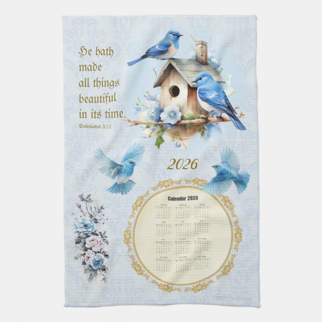 2026 Kalender Handtuch Blaue Vögel  Ecclesiastes 3 (Vertikal)