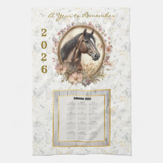 2026-Kalender-Handtuch Florales Pferd und Schmette Geschirrtuch