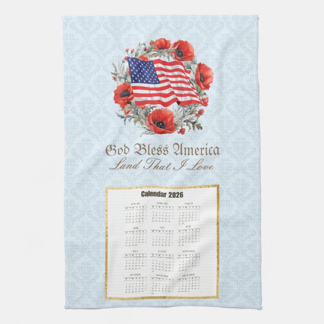 2026 Kalender Handtuch Gott segne Amerika Flagge M (Vertikal)
