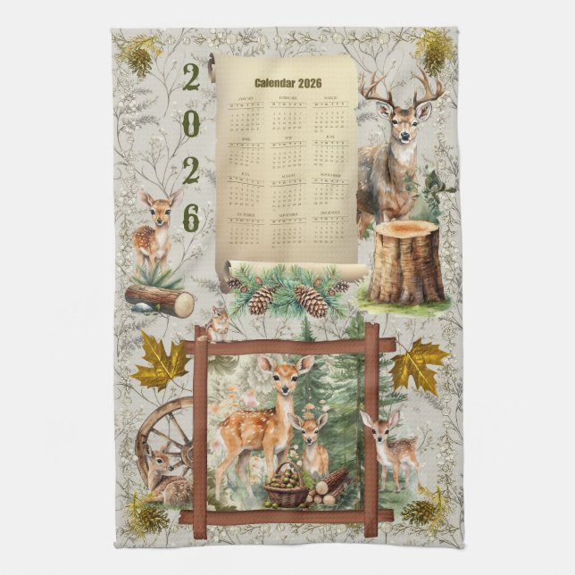 2026 Kalender Handtuch Hirsch Buck Pinecones Acorn (Vertikal)