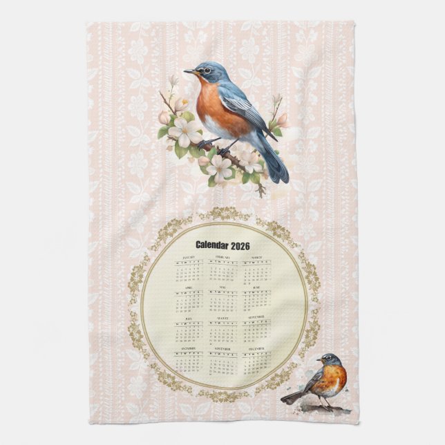 2026 Kalender Handtuch Robin Vogel Pfirsich Damast (Vertikal)