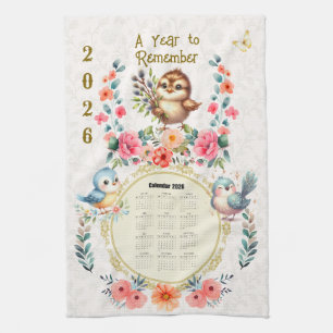 2026 Kalender Handtuch Süße Volks- Blumen Vögel 