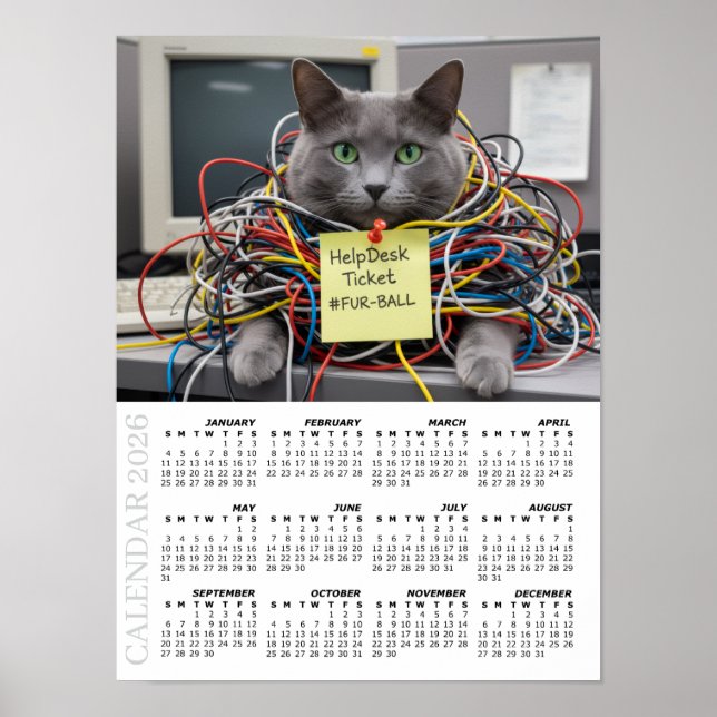 2026 Kalender, Help Desk, IT - Büro-Spaß-Katzen Poster (Vorne)