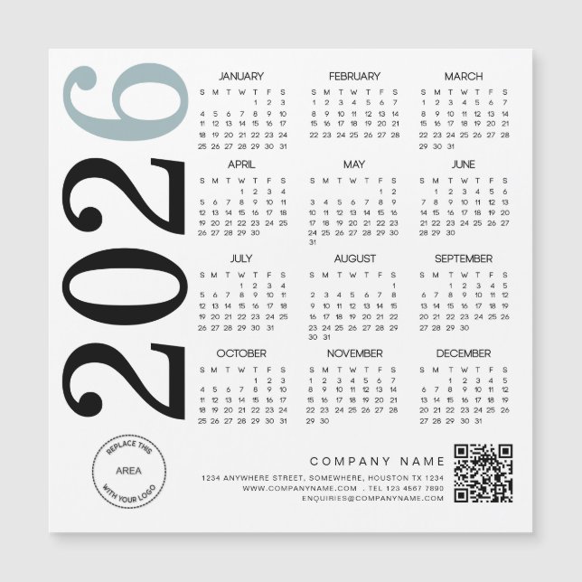 2026 Kalender-Logo QR-Code Blue Black Business Magnetkarte (Vorderseite)