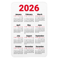 2026 Kalender Magnet | Rot Schwarz Grau Weiß