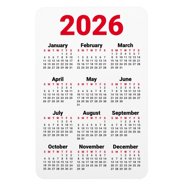 2026 Kalender Magnet | Rot Schwarz Grau Weiß (Vertikal)