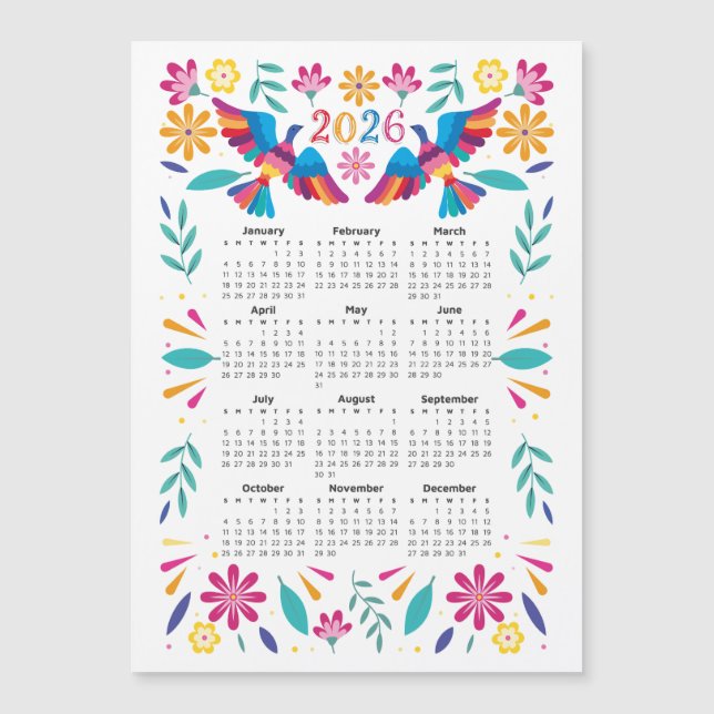 2026 Kalender mexikanische Fliegenvögel & Blume Magnetkarte (Vorderseite)
