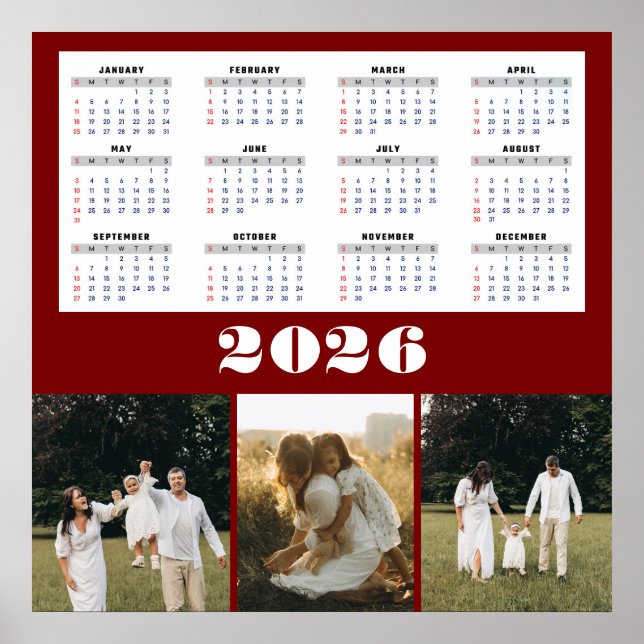2026 Kalender mit Burgunder Hintergrund  Poster (Vorne)