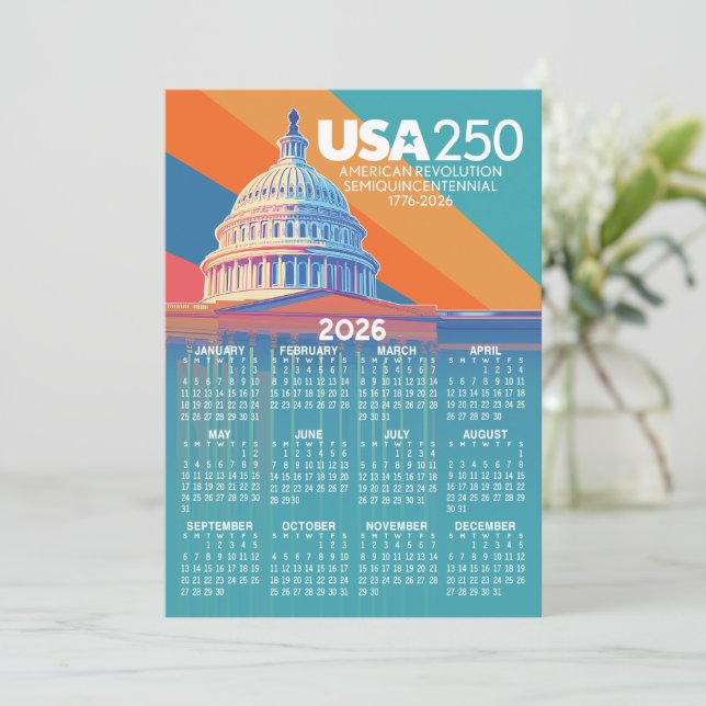 2026 Kalender mit USA 250 Hauptstadt America Card (Stehend Vorderseite)