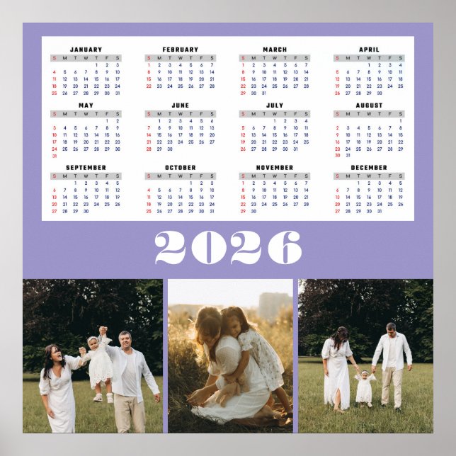 2026 Kalender mit violettem Hintergrund  Poster (Vorne)