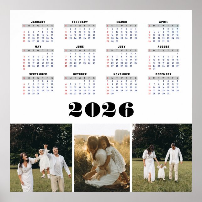 2026 Kalender mit weißem Hintergrund  Poster (Vorne)
