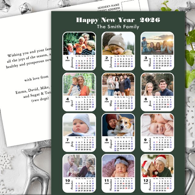 2026 Kalender Moderne grüne Familie 12 FotoCollage Postkarte (Von Creator hochgeladen)